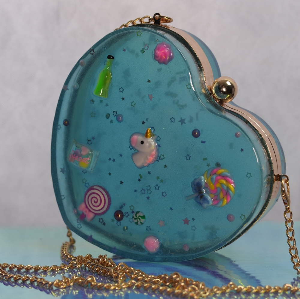 Unicorn handmade heart clutch bag- blue